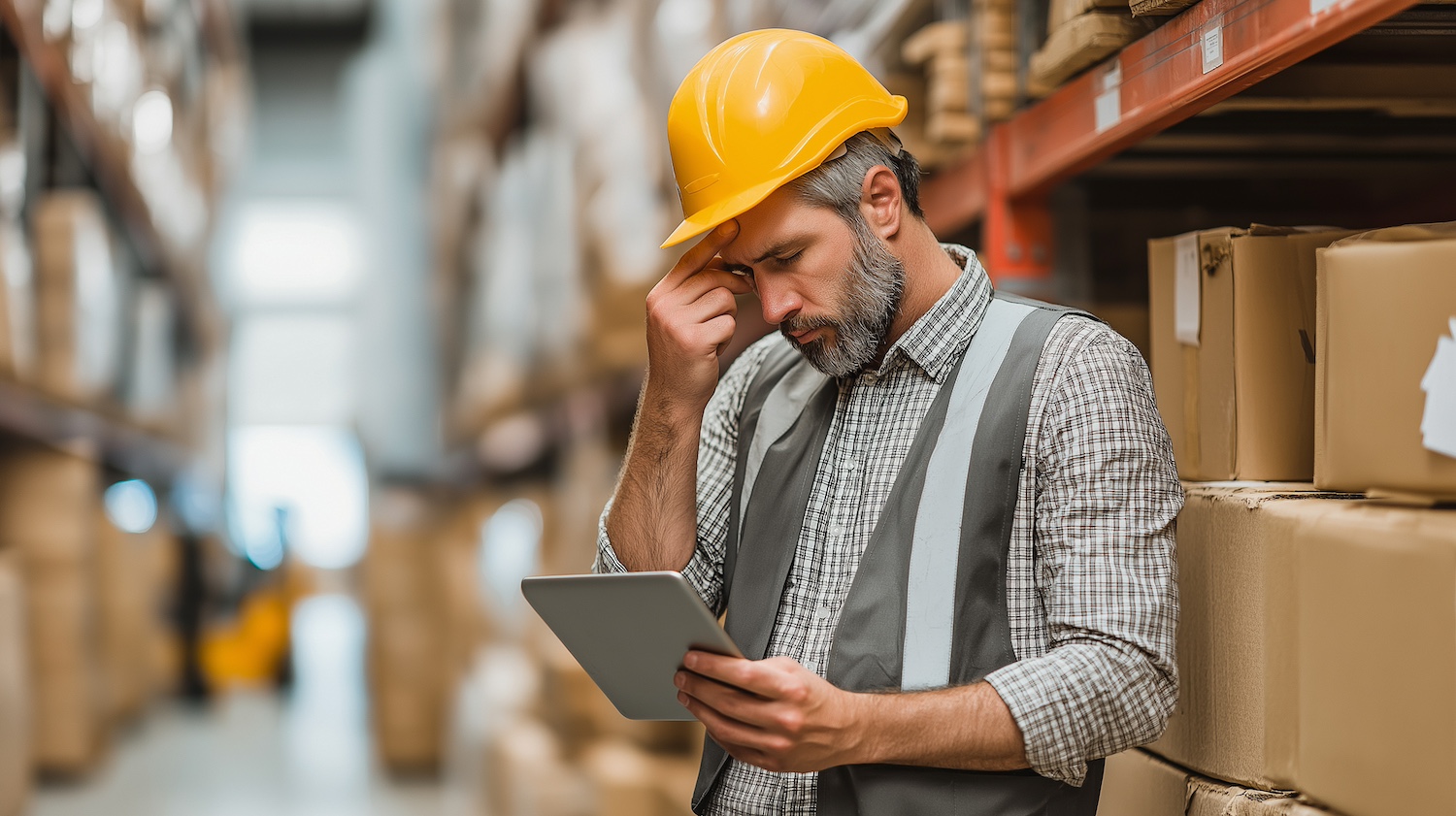 An worried worker at a warehouse