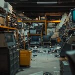 Overstocked warehouse, cluttered with vintage electronics, obsolete inventory
