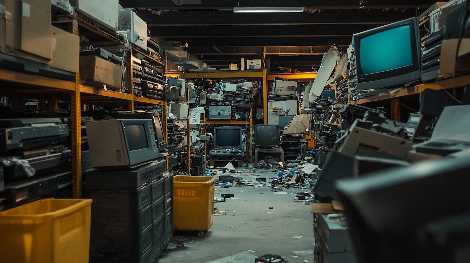 Overstocked warehouse, cluttered with vintage electronics, obsolete inventory