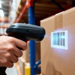 Close-up of a worker scanning a barcode on a cardboard box using a handheld scanner in a brightly lit warehouse.