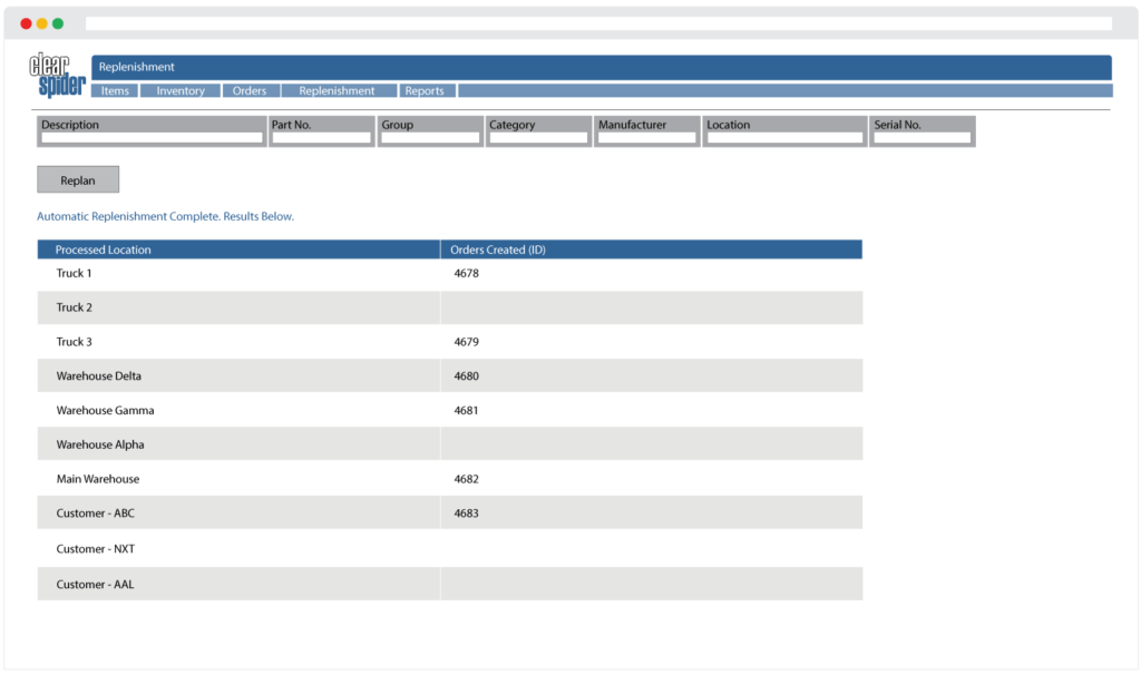 Screenshot of the Clear Spider automatic replenishment feature generating inventory orders