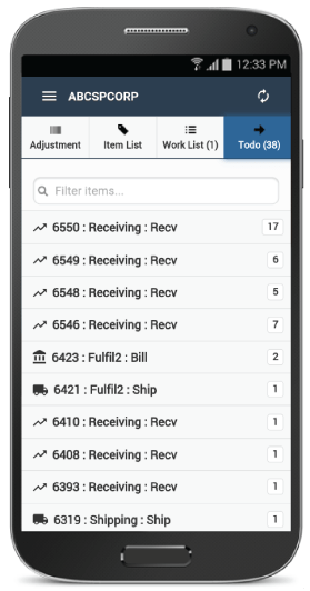 Screenshot of the To-Do list on the Clear Spider mobile app; showing a list of all open orders, with the outstanding step for that order process