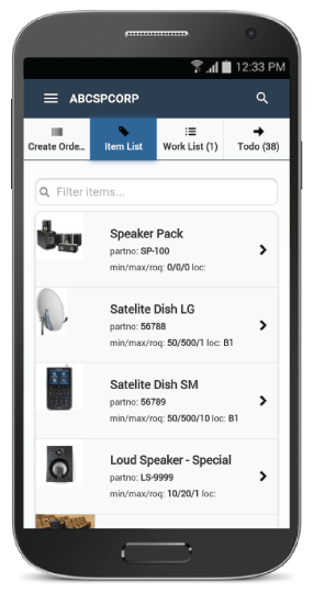 Screenshot of the Items List on the Clear Spider mobile app