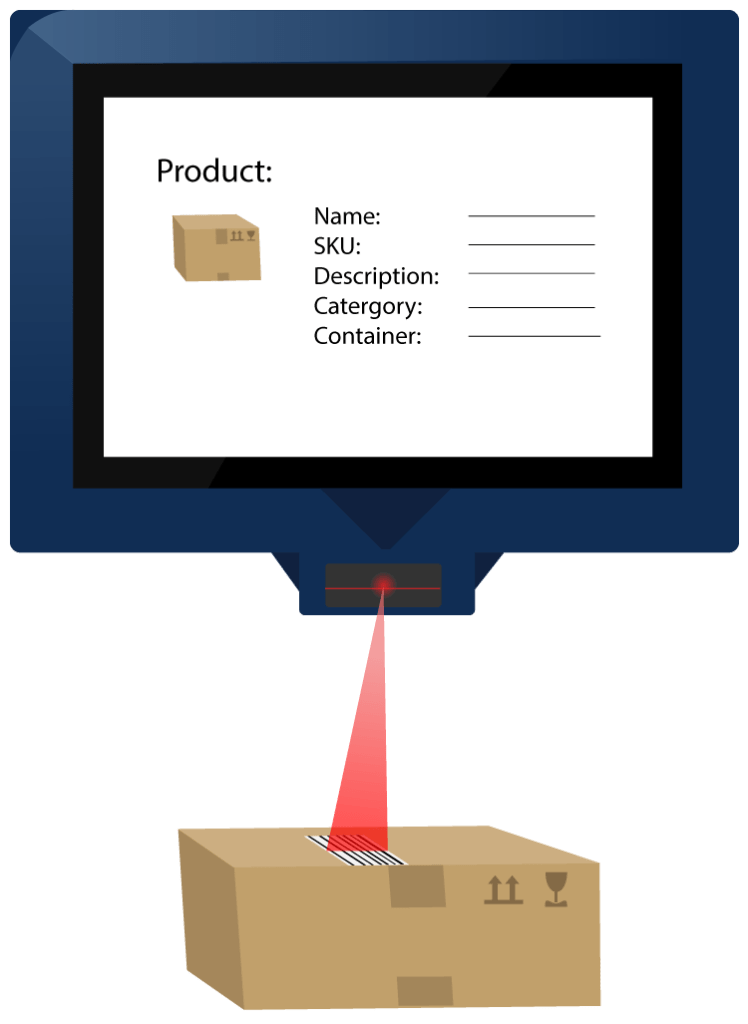 Illustration of a product being scanned by the Clear Spider kiosk with the product details on the screen