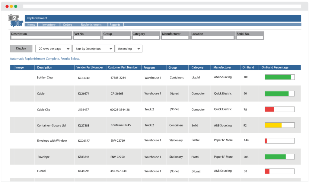 Screenshot of the Clear Spider automatic replenishment feature bringing inventory amounts back to desired levels