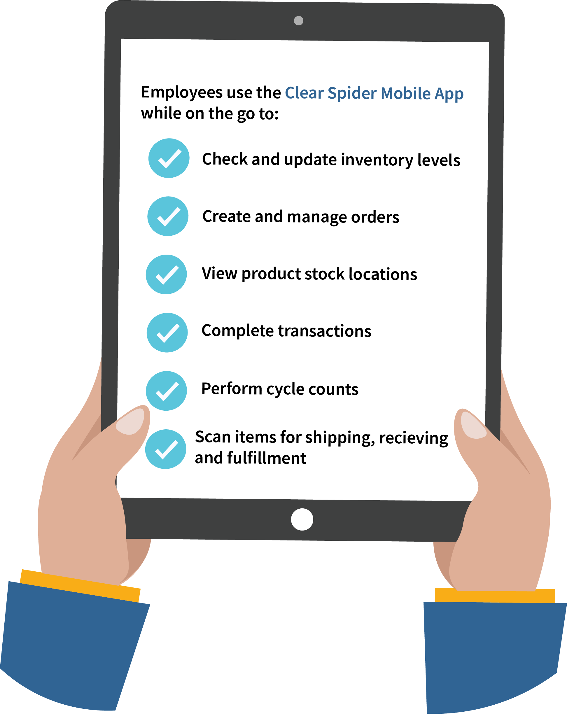graphic of hands holding a tablet showing a list of uses for the Clear Spider mobile app