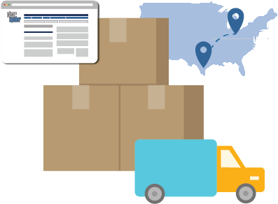 graphic showing stacked boxes and a truck travelling across the country