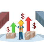 worried construction worker surrounded by shipping containers, inventory boxes and arrows indicating rising costs