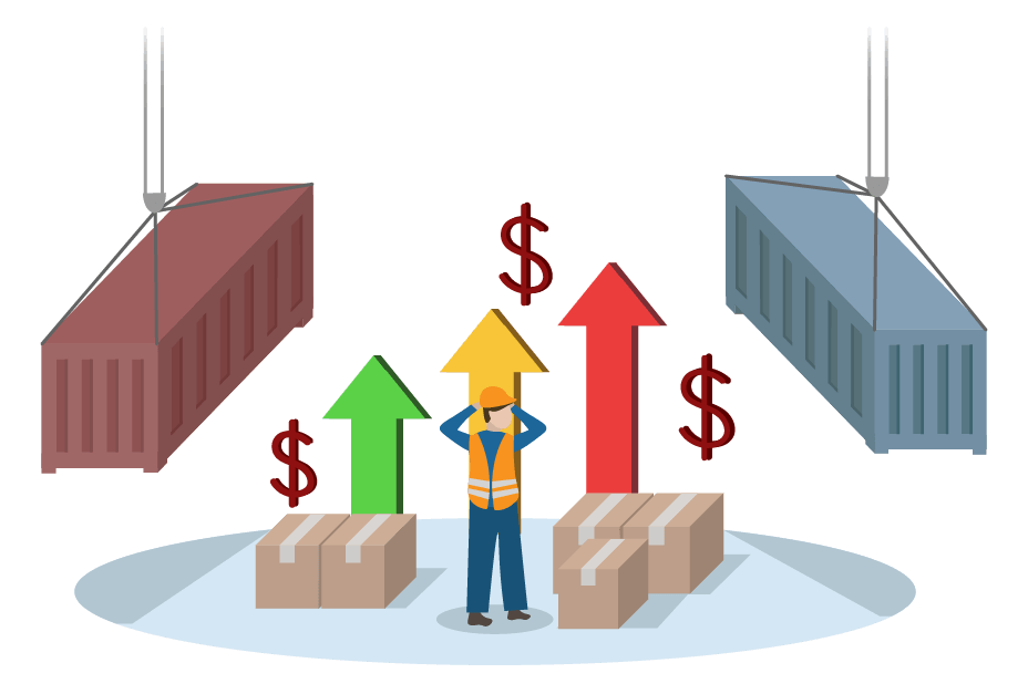 worried construction worker surrounded by shipping containers, inventory boxes and arrows indicating rising costs