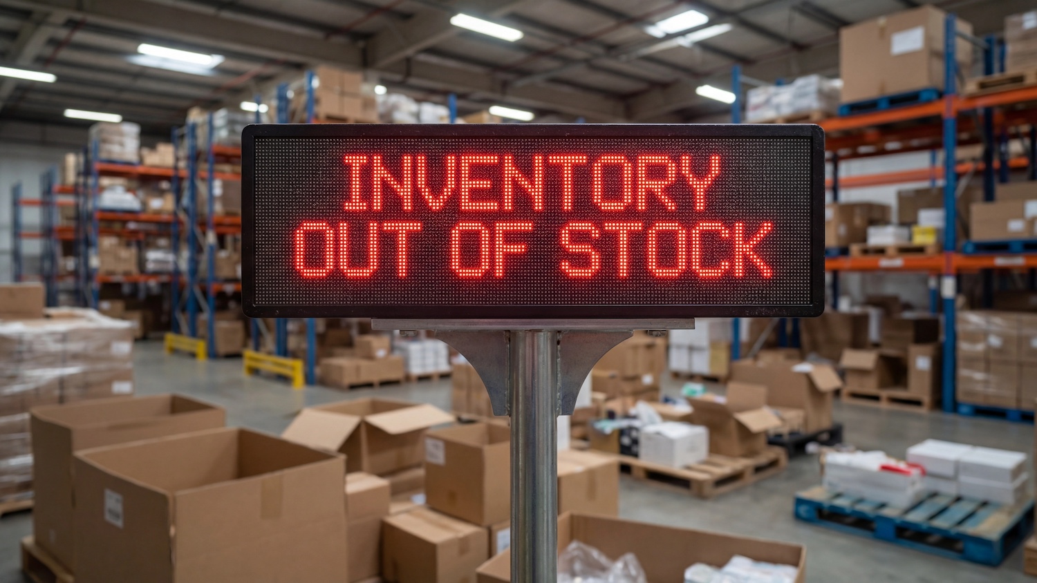 Inventory out of stock warehouse management crisis showing supply chain disruption product availability shortage and inventory replenishment challenge.