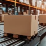 Just-In-Time Inventory: Cardboard boxes on conveyor belt in a warehouse.