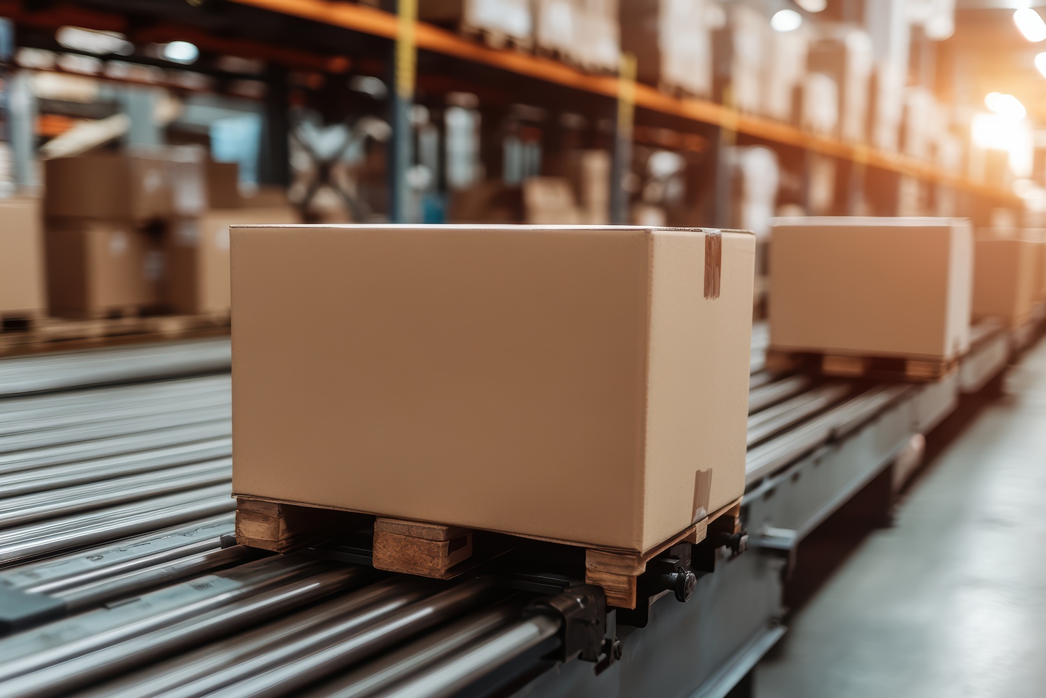 Just-In-Time Inventory: Cardboard boxes on conveyor belt in a warehouse.